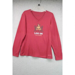 Life is Good Long Sleeves Crusher Tee Shirt- "Log On"-Size Medium-V-Neck